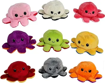 A grid of nine reversible plush octopus toys, each displaying two different facial expressions and colors.
