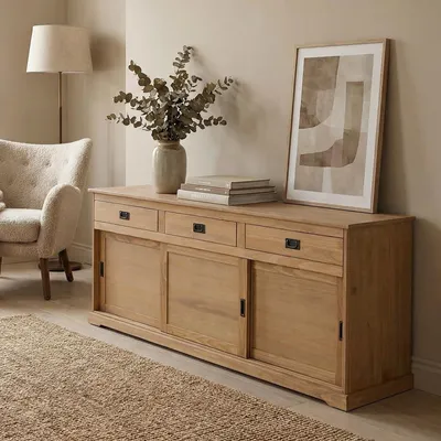 Produktbild von Sideboard SAVONA Kommode mit 3 Türen und 3 Schubladen, Massivholz, Eiche farben, Buffetschrank, Geschirrschrank, Massivholz