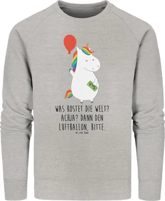 Produktbild von Mr. & Mrs. Panda Baumwoll Pullover Einhorn Luftballon Größe L - Heather Grey - Geschenk, Sweatshirt, Sweater, Freundin, Geld, Einhörner, Unicorn, Bio-Pullover, Pulli