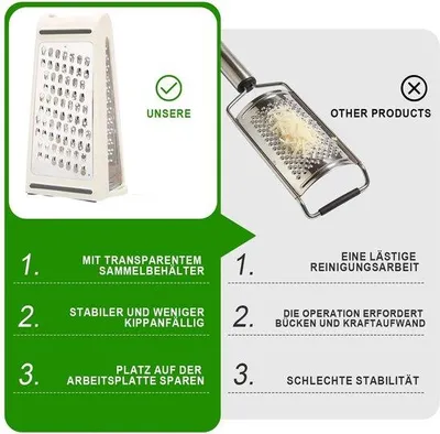 Produktbild von Professionelle Käse-Raspier - Doppel-Seitige Handraspier - Edelstahl - Entfernbare Behälter - Küchen-Raspier mit Sammelbehälter