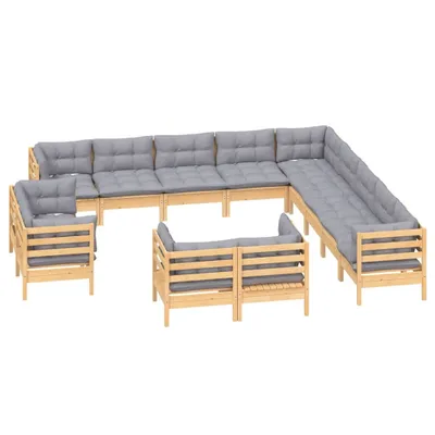 Produktbild von 13-tlg. Garten-Lounge-Set mit Grauen Kissen Massivholz Kiefer