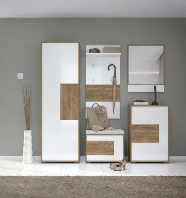 A modern hallway furniture set with a tall cabinet, a wall-mounted shelf with hooks and an umbrella, a mirror, and a bench with storage.