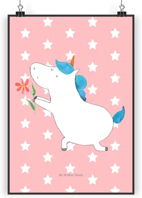 Produktbild von Mr. & Mrs. Panda Bild Einhorn Blume DIN A4 - Rot Pastell - Geschenk, Liebesbeweis, drucke, wanddeko, Heiraten, Kunstdruck, Plakat, Unicorn, Wandbild, Antrag, Einhörner