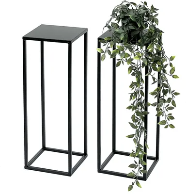 Two black metal plant stands, one with a trailing plant.