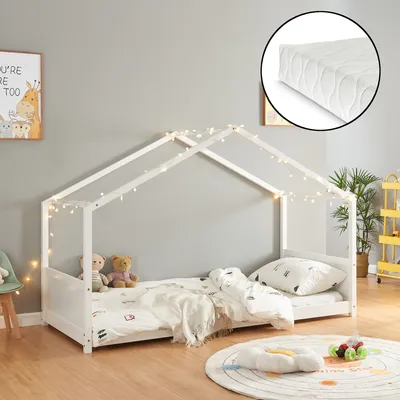 Produktbild von Hausbett 'Simo' mit Matratze 90x200cm Kiefernholz Weiß