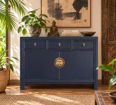Produktbild von OPIUM OUTLET Chinesische Kommode Asia Sideboard orientalischer Schrank asiatische Vintage Möbel Anrichte Hochzeitsschrank komplett montiert blau