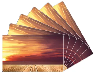 Produktbild von Wallario Frühstücksbrettchen 6er Set aus Glas, je 14 x 23 cm, mit rutschfesten Füßen, Motiv Steg am See - Sonnenuntergang und roter Himmel