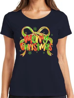 Produktbild von Merry Christmas glitzer schleife schneeflocke festlich Geschenk Damen T-Shirt, Navy, S