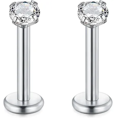 Immagine prodotto di Piercing labbra, tipo "stud", in acciaio chirurgico 16G, dimensioni 1,2 x 8 mm, con decorazione in zircone, colore argento, confezione da 2 pezzi