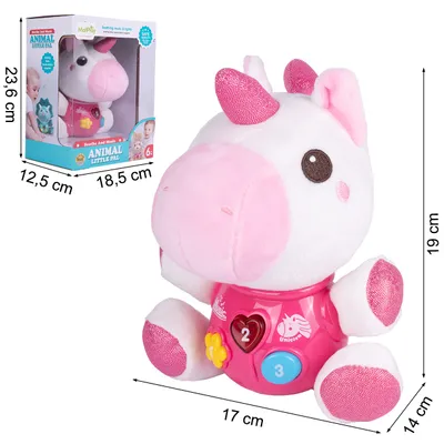 A plush unicorn toy is shown next to its packaging, with dimensions indicated.