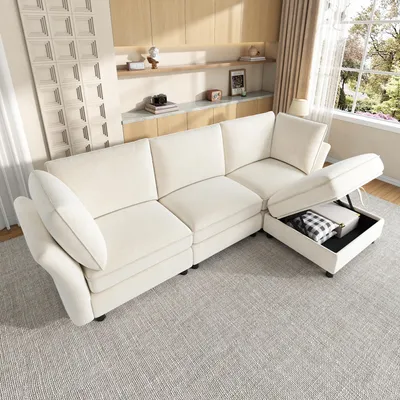 Immagine prodotto di Divano angolare modulare, poggiapiedi contenitore, divano "Cloud", tessuto in chenille, 4 posti, senza necessità di montaggio (colore: verde)