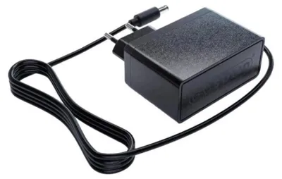 A black power adapter with a cord and plug is shown against a white background.