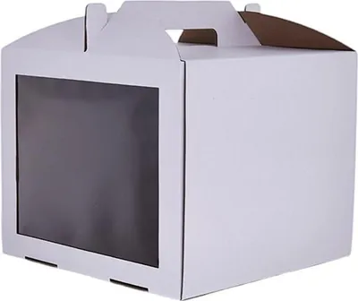 A white cake box with a transparent window and a handle is shown against a white background.