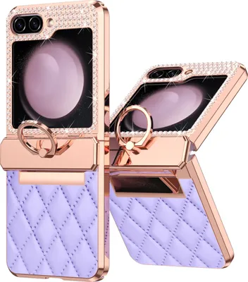 Produktbild von Leder Hülle für Samsung Galaxy Z Flip 5 mit Ringhalterung, Luxus Glitzer Bling Überzug Scharnierschutz Handyhülle Lila