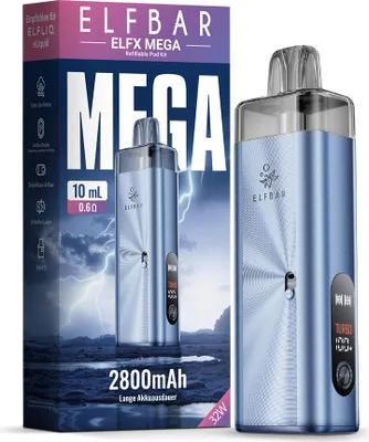 Zdjęcie produktu dla ELFBAR ELFX MEGA Cyan – akumulator 2800 mAh, kolorowy wyświetlacz, USB-C