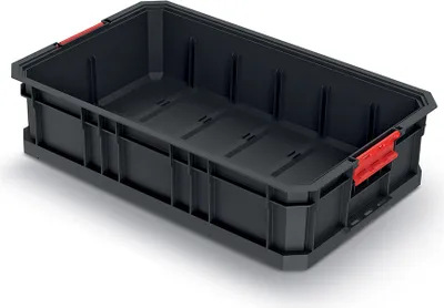 A black plastic storage bin with red handles on a white background.