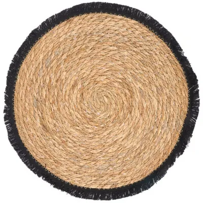 Image de KINVARA : Sets de table, sous-verres, décorations de table bohèmes, beige et noir, avec franges, diamètre 38 cm