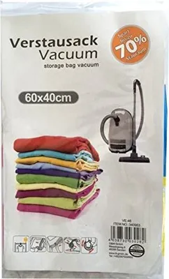A vacuum storage bag for clothes, showing a stack of colorful folded clothes and a vacuum cleaner.