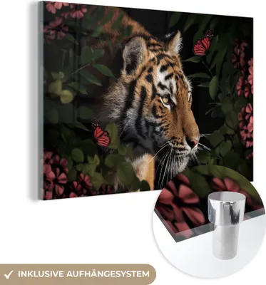 Obrázok produktu pre MuchoWow® sklenené obrázky - obrázky na stenu - fotografie na skle tiger - motýle - kvety 60x40 cm dekorácia na stenu zo skla - akrylový sklenený obrázok - akrylové obrázky - sklenené fotografie