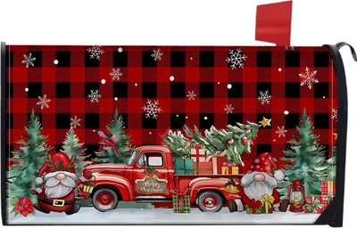 A festive Christmas-themed mailbox cover featuring a red truck, gnomes, and pine trees.