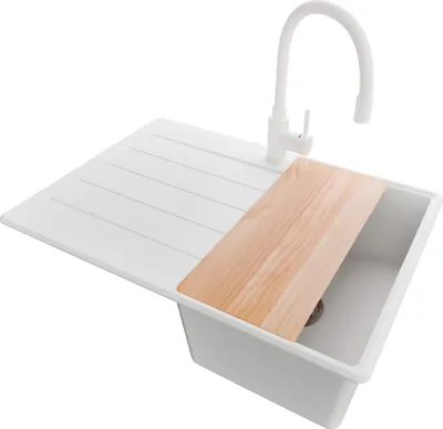 Produktbild von PRIMAGRAN Granitspüle Weiß 70x50cm, Spülbecken 1 Becken + Küchenarmatur 38x14cm + Ablauf-Set + Schneidebrett, Küchenspüle ab 40er Unterschrank - Kopenhagen
