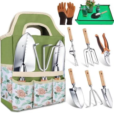 Obrázek produktu pro Sada zahradního nářadí Unyqoos® (9 kusů) – kompletní sada zahradního nářadí z nerezové oceli s ergonomickými dřevěnými rukojeťmi a praktickou úložnou taškou