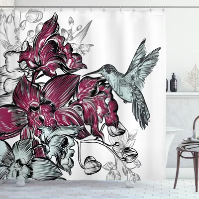 Obrázok produktu pre ABAKUHAUS Sprchový záves Kolibri, orchidey, kyticu kvetov a kolibríka, prírodný motív, umelecký dizajn, 175 x 200 cm, bordová červená