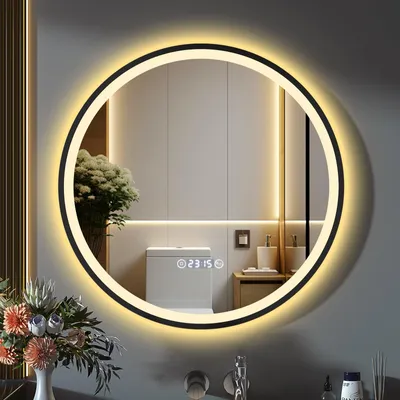 Produktbild von GIMBELEN LED-Badspiegel, rund, 70 cm, 3 Lichtfarben, dimmbar, Touch-Schalter, beschlagfrei, Schwarz