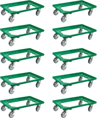 Produktbild von SparSet 10x Transportroller für Euroboxen 60x40cm mit Gummiräder grün | Offenes Deck | 2 Lenkrollen & 2 Bremsrollen | Traglast 300kg | Kistenroller Logistikroller Rollwagen Profi-Fahrgestell