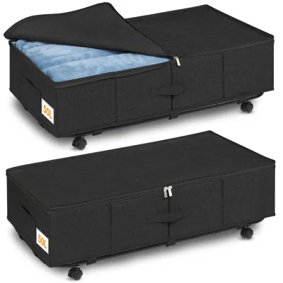 Aufbewahrungsbox unter Bett, 50 l, 2 Stück, faltbar, mit Rollen, schwarz