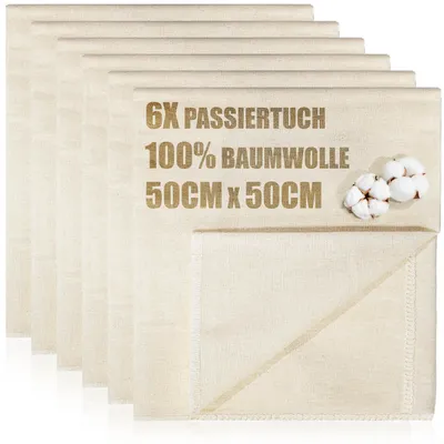 Produktbild von com-four® 6x Bäckerleinen, Seihtuch, Passiertuch, Knödeltuch 50 x 50 cm aus 100% Baumwolle - Gewebte Tücher für Teigzubereitung - Reißfest bei hoher Feuchtigkeit - Seiher, Leinentuch zum Brotbacken