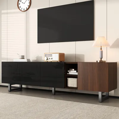Image de OKWISH Meuble TV Avec 4 Portes Brillant et Compartiments Ouverts - Rangement Fermé - MDF + Panneaux de Particules - 180 x 38 x 50 cm - Noir/Naturel