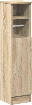 A tall, narrow bathroom cabinet with a wood-grain finish.