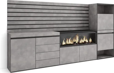 Immagine prodotto di COZY Credenza, 274x35x145cm, Camera da letto, Camino elettrico XXL, Cassettiera, Scarpiera, Cemento