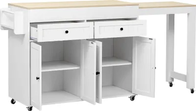 Immagine prodotto di okwish Isola da cucina estraibile su rotelle, carrello di servizio mobile con piano di lavoro e cassetti, mobile da cucina per cucina e sala da pranzo, bianco + naturale