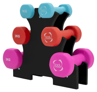 Image de Ensemble de haltères en néoprène Body Revolution, 12 kg, avec support de haltères (1, 2, 3 kg)