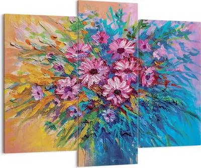 Produktbild von Bild auf Leinwand - Leinwandbild - 3 Teile - Blumenstrauß Blumen Öl - 130x100cm - Wand Bild - Wanddeko - Wandbilder - Leinwanddruck - Bilder - Wanddekoration - Leinwand bilder - CB130x100-4533