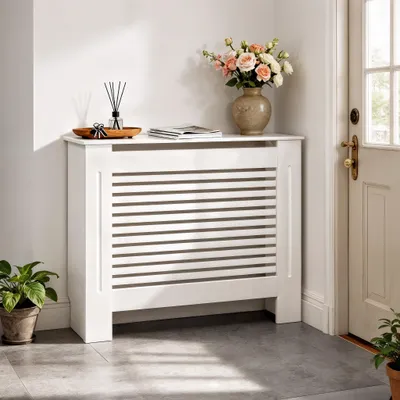Image de FATIVO Habillage de radiateur 111x19x101cm-Super haute couverture de radiateur en blanc avec veines de bois, en MDF épais, lamelles horizontales