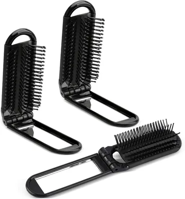 Produktbild von Faltbare Haarbürste, mit Spiegel, 3 Stück, kompakt, schwarz, für Reisen