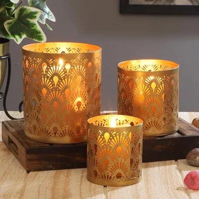 Obrázok produktu pre sada 3 orientálnych lampášov lampáš orientálny Zalia Gold14cm veľký | Orientálny vintage držiak na čajovú sviečku medené farby vnútri čierne vonku | Marocké kovové lampáše ako dekorácia