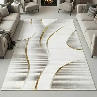 Produktbild von Moderner Kurzflorteppich Creme geschwungene Linien mit Glanzoptik für Wohnzimmer Schlafzimmer und Flur Größe - 200 x 290 cm