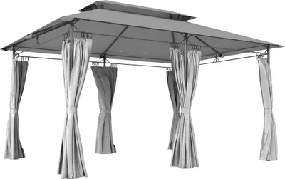 Produktbild von Gartenpavillon 3x4 m mit abnehmbaren Vorhängen, Doppeldach und Metallgestell, Dunkelgrau