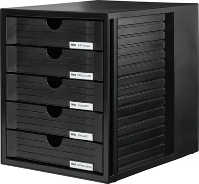 Produktbild von HAN Schubladenbox SYSTEMBOX mit 5 geschlossenen Schubladen für Unterlagen bis DIN C4, Schreibtisch oder im Schrank, inkl. Auszugsperre + Beschriftungsclip, möbelschonende Gummifüße, 1450-13, schwarz