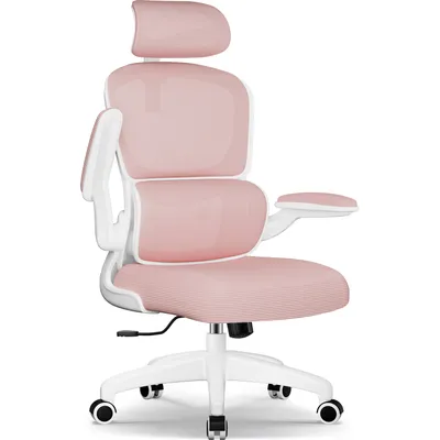 A pink and white ergonomic office chair with a headrest and adjustable armrests is shown against a white background.