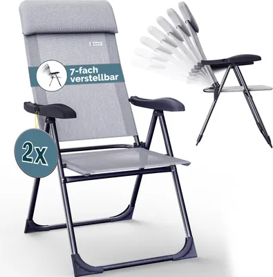 A gray folding chair with a pillow and armrests, shown from the front and side. A smaller image shows the chair in various reclining positions.
