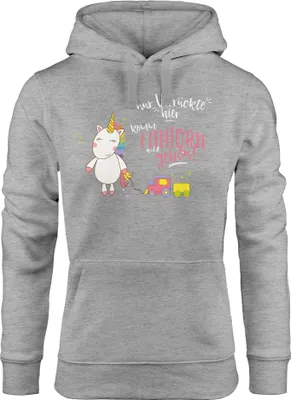 Produktbild von Damen Kapuzen-Pullover Nur Verrückte hier komm Einhorn wir gehen Moonworks® grau M