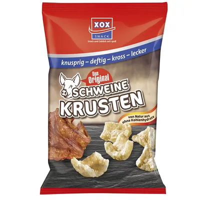 Verpackungsbild XOX Schweinekrusten im Eigenfett frittierte Schweineschwarten 100g