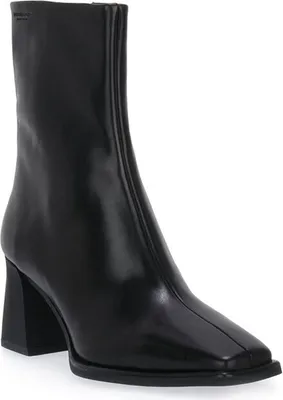 A black leather ankle boot with a square toe and block heel is shown against a white background.