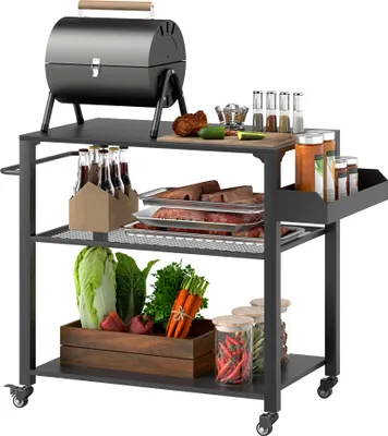 A multi-tiered grill cart stocked with food and drinks, ready for a barbecue.