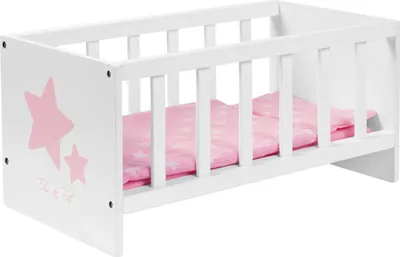 A white wooden doll's crib with a pink star-patterned bedding inside, set against a white background.